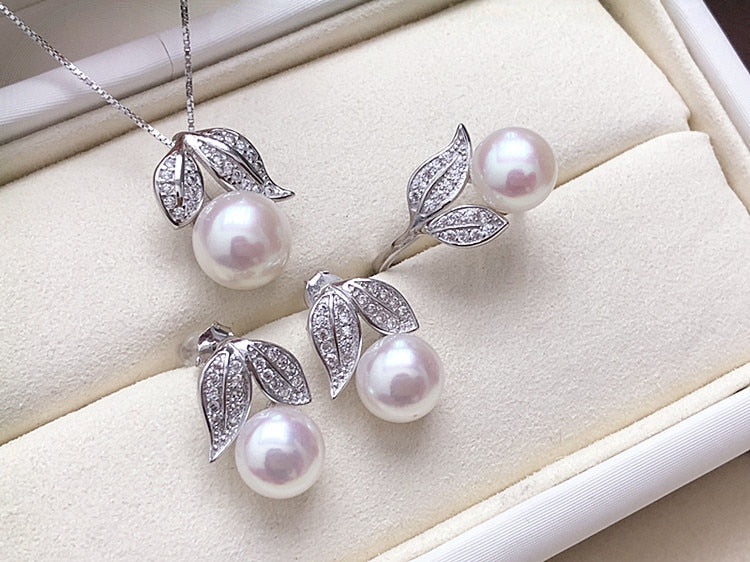 Pearl Earrings, Necklace. Pendant Ring Set on 925 Sterling Silver