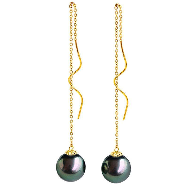 18k Yellow Gold and Black Tahiti Pearl Earrings