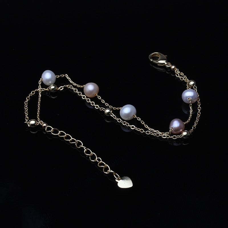 Elegant Silver 925 Double Natural Freshwater Pearl Bracelet