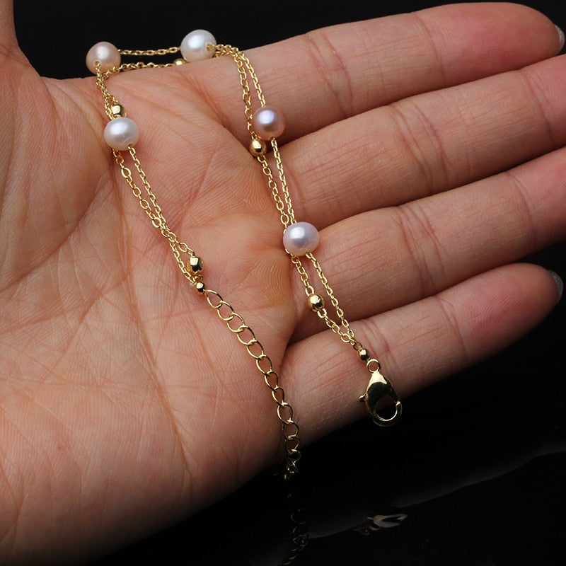 Elegant Silver 925 Double Natural Freshwater Pearl Bracelet