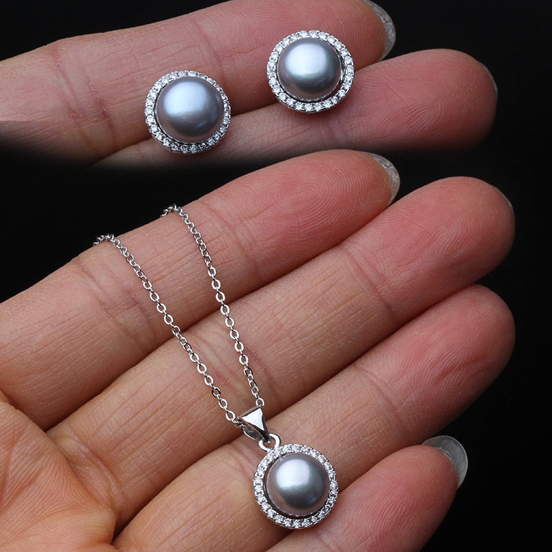 Real Natural Freshwater Pearl Necklace and Earring Set on 925 Sterling Silver