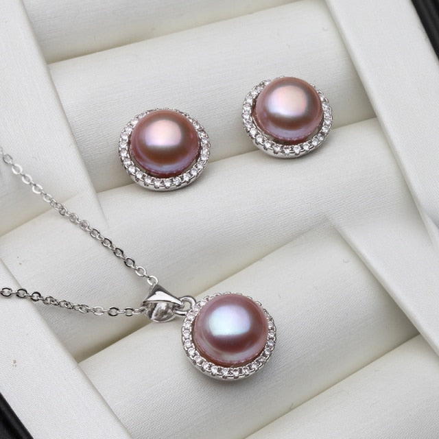 Real Natural Freshwater Pearl Necklace and Earring Set on 925 Sterling Silver