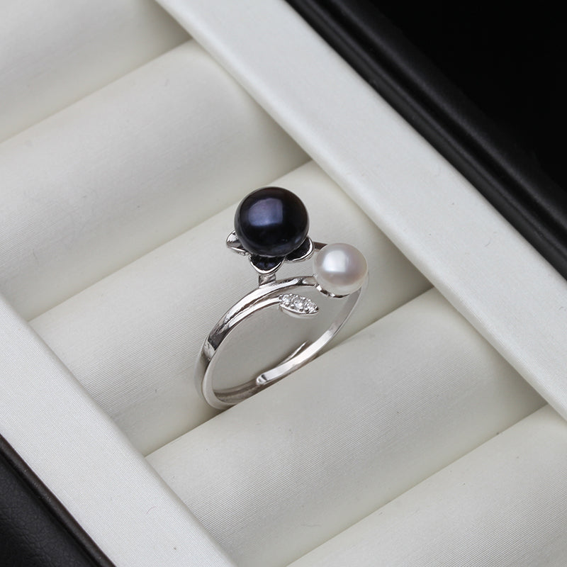 Natural Freshwater Double Pearl on Adjustable 925 Sterling Silver Ring