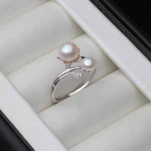 Natural Freshwater Double Pearl on Adjustable 925 Sterling Silver Ring