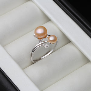 Natural Freshwater Double Pearl on Adjustable 925 Sterling Silver Ring