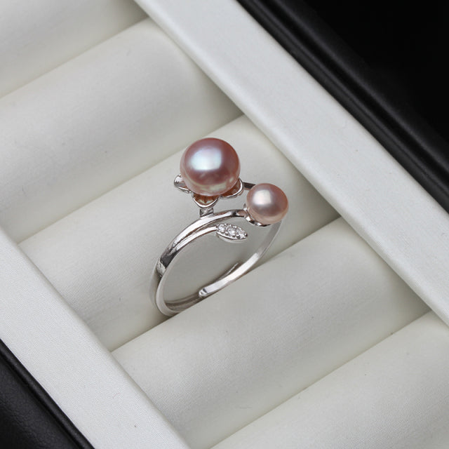 Natural Freshwater Double Pearl on Adjustable 925 Sterling Silver Ring