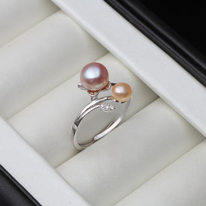 Natural Freshwater Double Pearl on Adjustable 925 Sterling Silver Ring