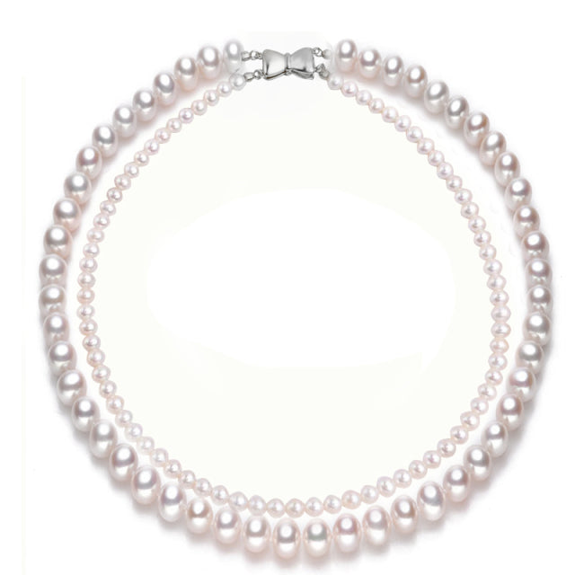 Classic Double Natural Freshwater Pearl Necklace with 925 Sterling Silver Clasp