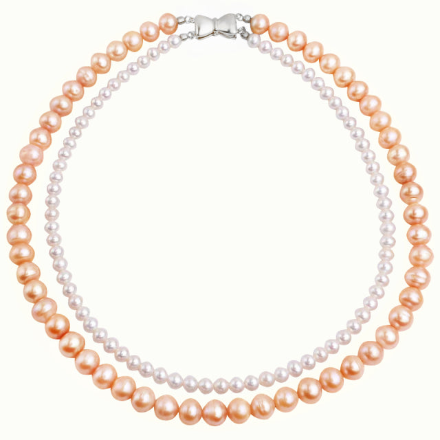 Classic Double Natural Freshwater Pearl Necklace with 925 Sterling Silver Clasp