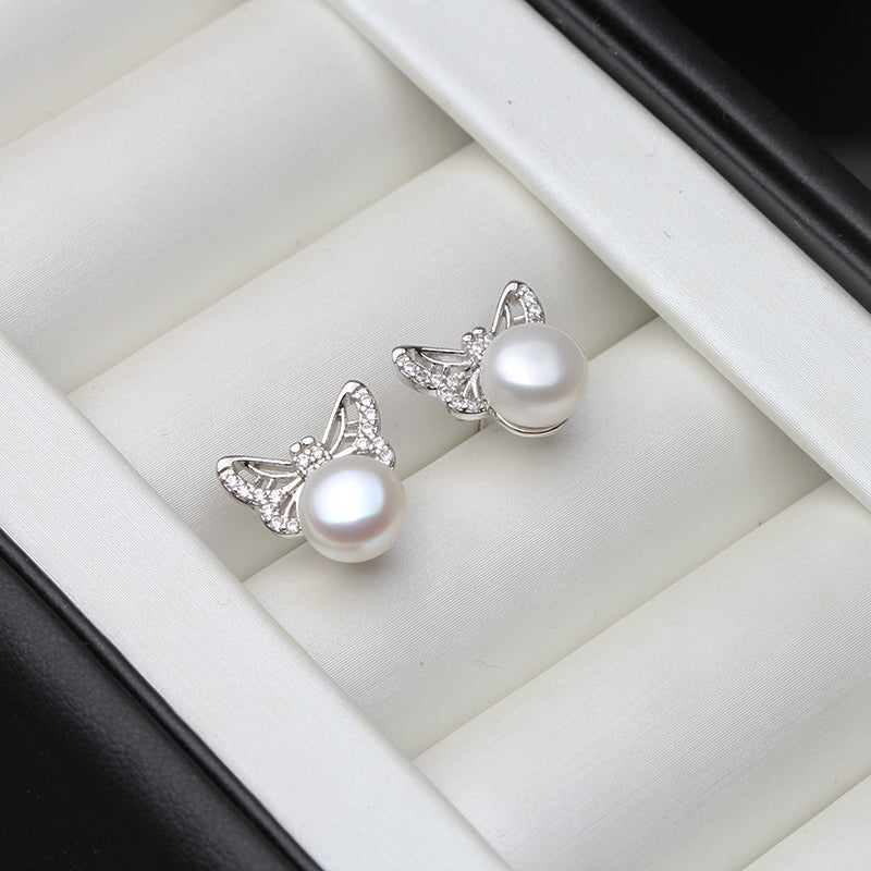 Butterfly 925 Sterling Silver and Natural Freshwater Cultured Pearl Earrings