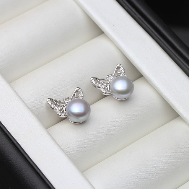 Butterfly 925 Sterling Silver and Natural Freshwater Cultured Pearl Earrings