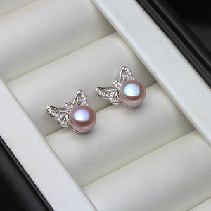 Butterfly 925 Sterling Silver and Natural Freshwater Cultured Pearl Earrings