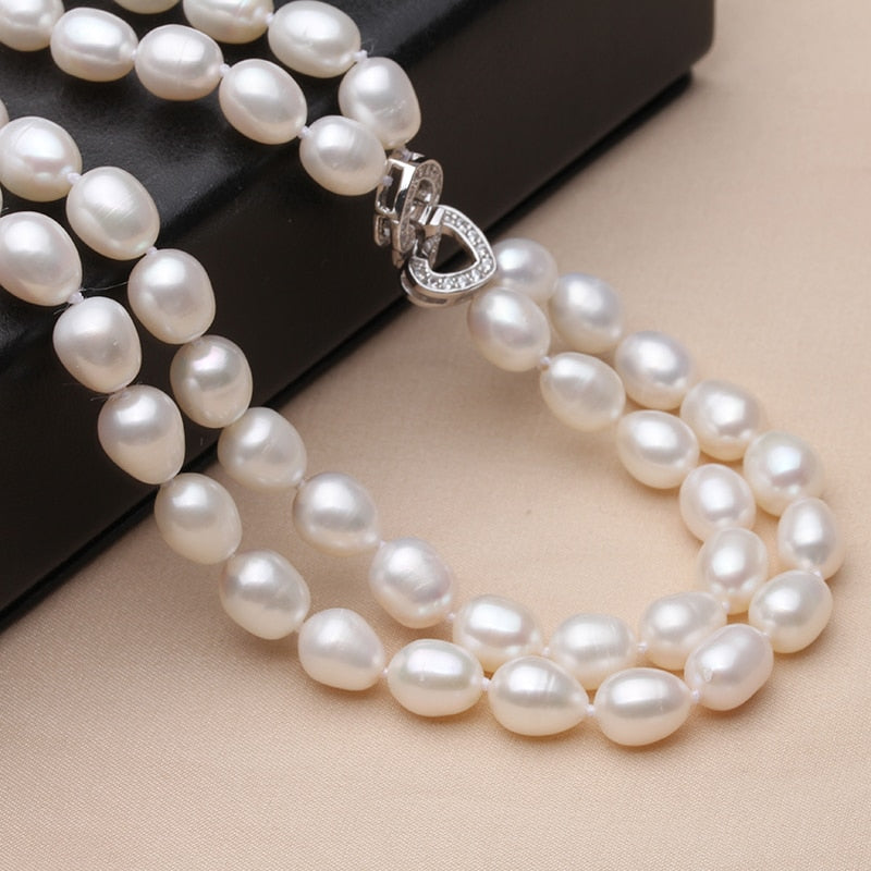 Multi Layer Natural Pearl Necklace With Silver Clasp