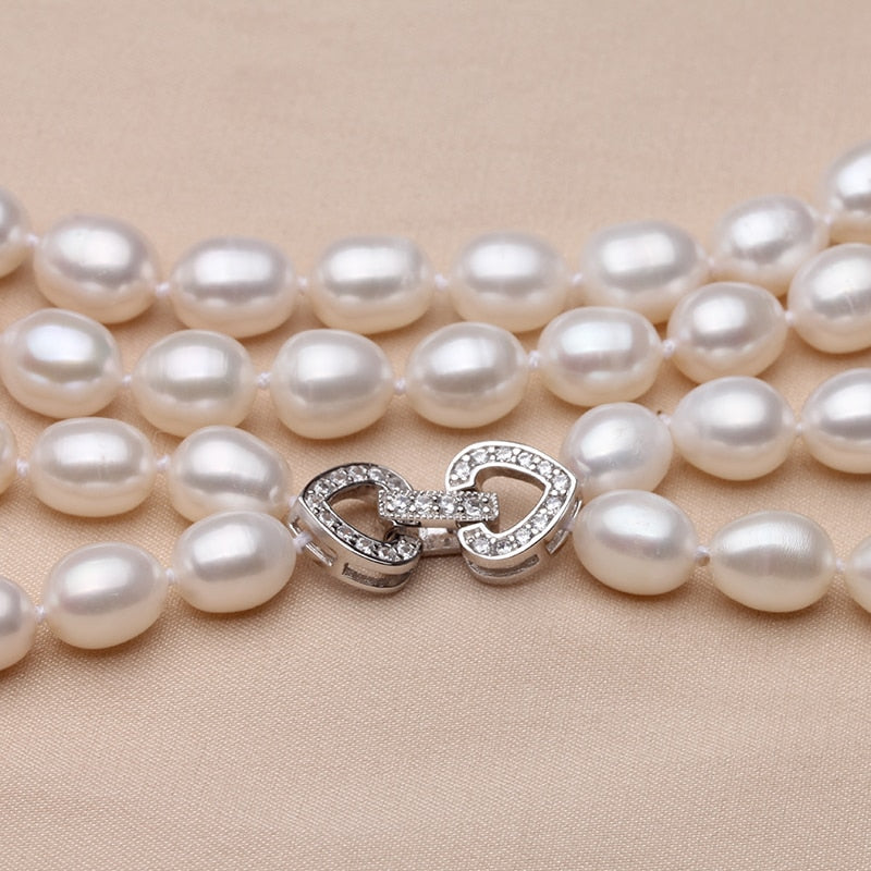 Multi Layer Natural Pearl Necklace With Silver Clasp